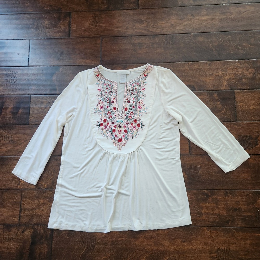 Embroidered Bohemian Cottagecore Folk Artisanal 3/4 Sleeve Top Design History XL